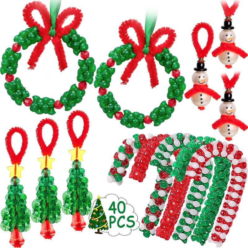 jollylife Christmas Crafts for Kids Adults Families, Beaded Ornament Kit to Make Wreath/Candy Cane/Xmas Tree/Snowman, Holiday Decorations Party Supplies, 40 Pieces - Image 1